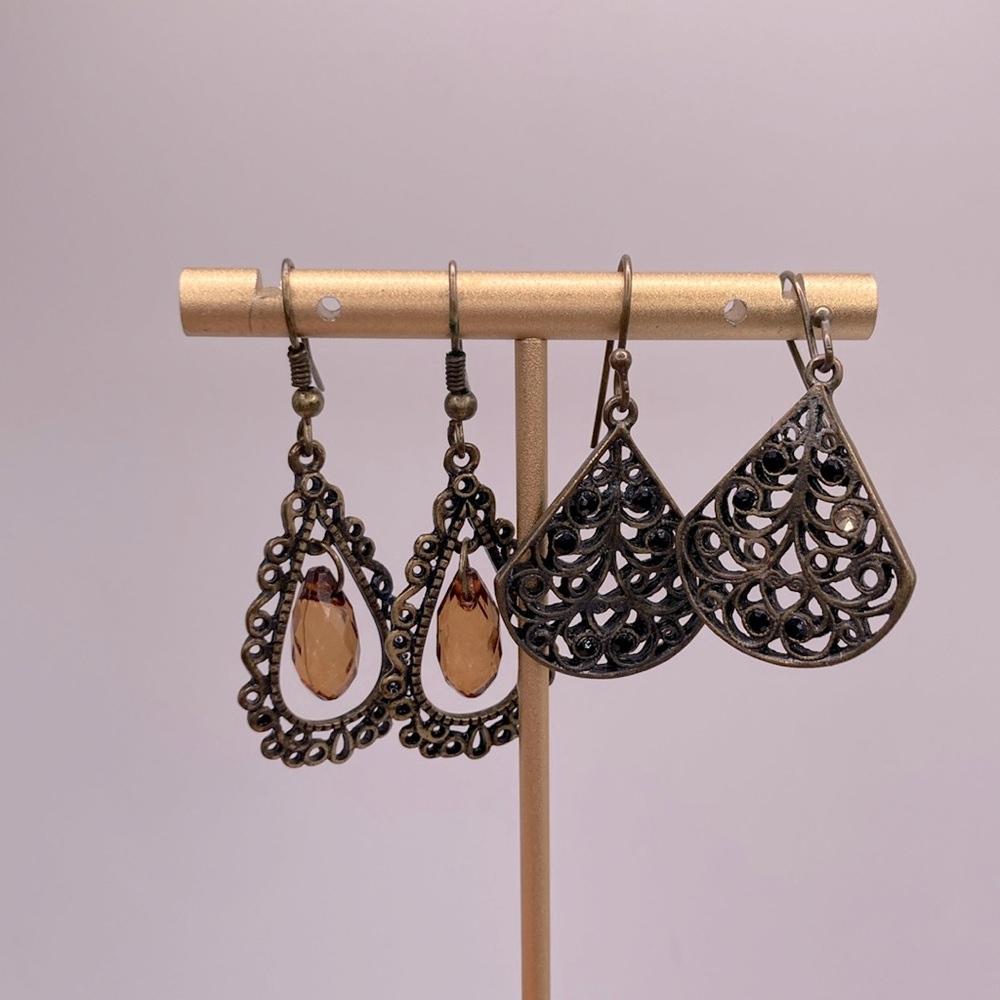 Two sets of bronzes filagree style dangle costume earrings